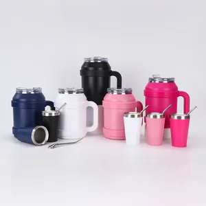 Varietà di borracce termiche in acciaio inox 304 con manici e cannucce in diversi colori.