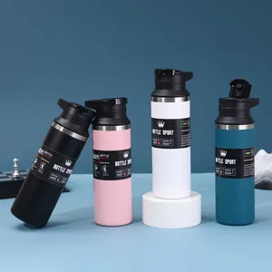 Close-up detail showing a variety of colorful 304 stainless steel insulated sports water bottles