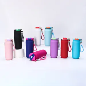 Colorful soda-can-shaped vacuum flasks with straps displayed on white background
