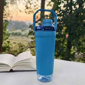 Blue outdoor shaker cup with large handle and transparent bottom storage layer