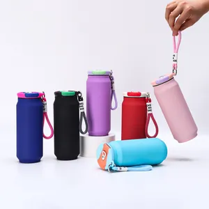 Collection of colorful soda can shaped insulated water bottles with convenient carry straps