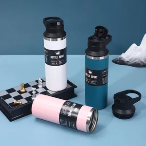 Detail view of colorful 304 stainless steel vacuum sports bottles with portable lids.