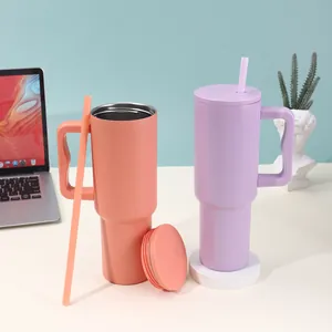 40oz insulated stainless steel tumblers with handles and straws in orange and purple