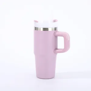 Λεπτομερής πλάγια όψη ροζ θερμός 20oz από ανοξείδωτο χάλυβα με λαβή και καλαμάκι