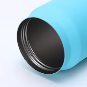 Close-up of the threaded mouth of a blue stainless steel insulated travel cup.