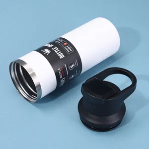 Detail view of the wide-mouth opening and carry lid for the white insulated flask