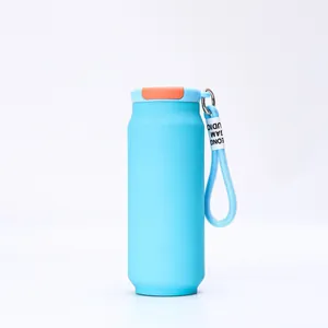 Detail view of light blue soda can shaped insulated bottle with blue rope strap