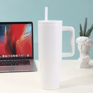 Detailed view of a white 40oz insulated tumbler with handle and straw.