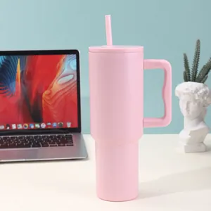 Details of pink 40oz insulated stainless steel tumbler with handle and straw