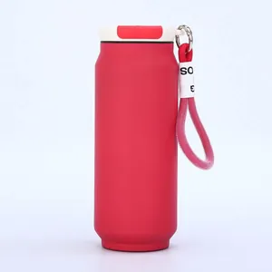 Red matte can-shaped vacuum flask with portable woven lanyard