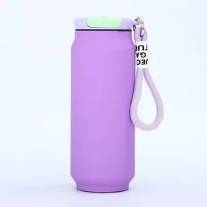Detail of a purple can-shaped insulated water bottle with a handy carrying strap