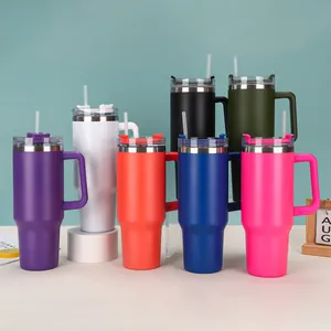 40oz insulated stainless steel tumblers with handles and straws in vibrant colors.