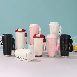 Diverse Edelstahl-Kaffeebecher mit Maiglöckchen-Muster und tragbaren Umhängebändern