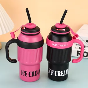 Roze en zwarte rvs thermosbekers met handvat en rietje, 1200ml model