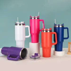 Detail showing 40oz insulated tumblers in various colors with straw and lid accessories