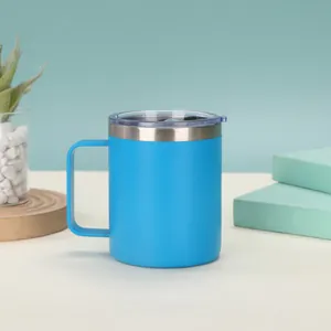 Hochwertiger 12oz hellblauer vakuumisolierter Edelstahlbecher mit Griff und Deckel