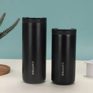 Pair of matte black 304 stainless steel vacuum insulated coffee cups in two sizes.