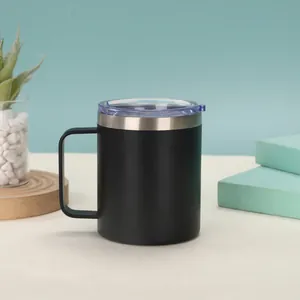 Schwarzer 12oz vakuumisolierter Edelstahl-Kaffeebecher mit Griff und klarem Deckel