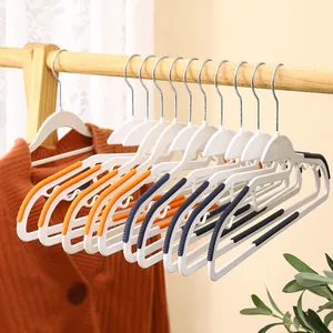 Durable non-slip clothes hangers with shoulder-preserving design in white, orange and blue.