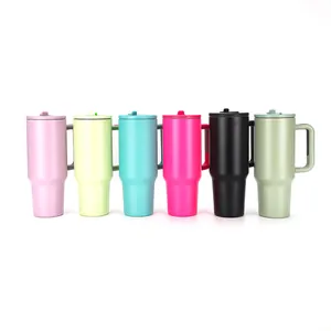 Six colorful 40oz insulated stainless steel tumblers with ergonomic handles and lids