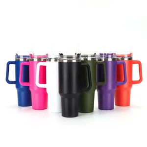 Variety of 40oz insulated stainless steel tumblers with handles and straws in multiple colors