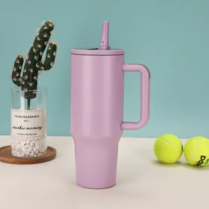 Lavender 40oz stainless steel insulated tumbler with handle and straw lifestyle view