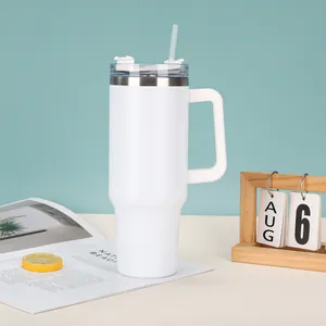 40oz vacuum insulated white tumbler with handle and straw for car cup holders
