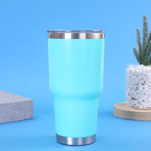 Κυανό ισοθερμικό ποτήρι 30oz από ανοξείδωτο χάλυβα με διαφανές καπάκι