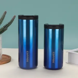 Detailed side-by-side view showing two sizes of blue stainless steel insulated coffee cups