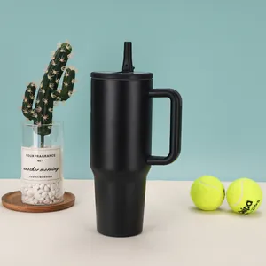 Large black 40oz stainless steel insulated tumbler with handle and straw for travel.