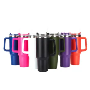 Variety of colorful 40oz insulated tumblers with handles and straws for car travel.