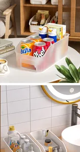 Versatile rectangular plastic storage bins demonstrated in kitchen and bathroom settings