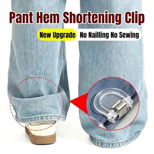 No-sew invisible hem clips for shortening pants and T-shirts with close-up detail view.