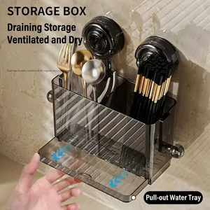 Wall-mounted kitchen drainage chopstick holder box with pull-out water collection tray