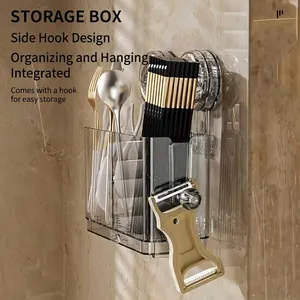 Clear wall-mounted suction cup kitchen utensil holder for chopsticks and cutlery storage