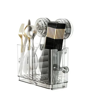 Transparent wall-mounted kitchen utensil holder with suction cups and drainage base