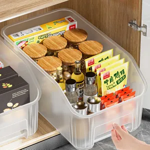 Frosted transparent plastic drawer organizer box for kitchen cabinet and snack storage.
