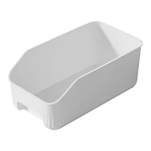 Durable white plastic rectangular storage bin for cabinet and desktop organization