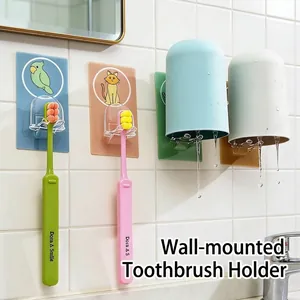 Cartoon Animal Toothbrush Holder Wall Mounted No-Drill PP Bathroom Storage Rack Drain Rack For Toothbrush And Cup