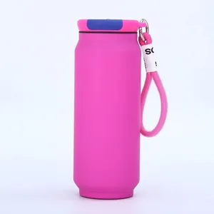 Detail of a pink can-shaped vacuum flask featuring a convenient pink braided carrying strap.