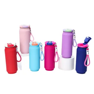 Set of six colorful soda can shaped insulated water bottles with portable straps on stands