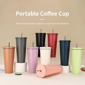 Edelstahl Vakuumisolierte Tasse Mit Strohhalm Matte Oberfläche Kaffeebecher Tragbare Reise Wasserflasche Für Outdoor Büro