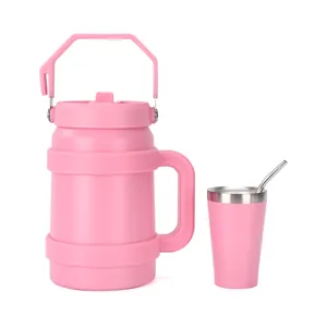Set di borraccia termica rosa di grande capacità con manico e bicchiere con cannuccia