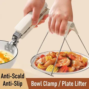 Stainless Steel Anti-scald Bowl Clip Plate Lifter With Silicone Handle Heat Resistant Kitchen Dish Tong Cream White