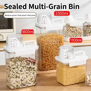 Airtight clear grain storage containers with measuring cup lids for kitchen organization