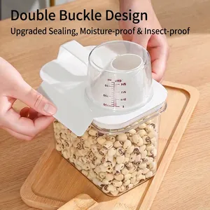 Japanese style sealed food storage container with measuring cup lid for grains and rice