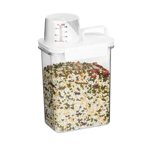 Japanese style sealed grain storage container with measuring cup and white handle