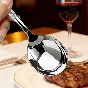 Mirror polished stainless steel dinner soup spoon featuring a textured ice pattern handle