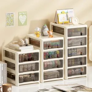 Modern Minimalist Creamy White Desktop Storage Box Transparent Striped Multi Layer Drawer Type Cosmetic Stationery Organizer Stackable Cabinet
