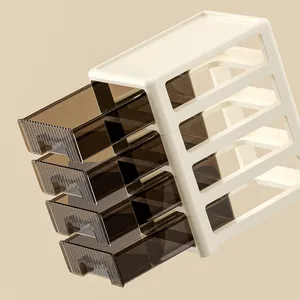 Modern 4-tier desktop drawer organizer with transparent brown drawers and cream frame